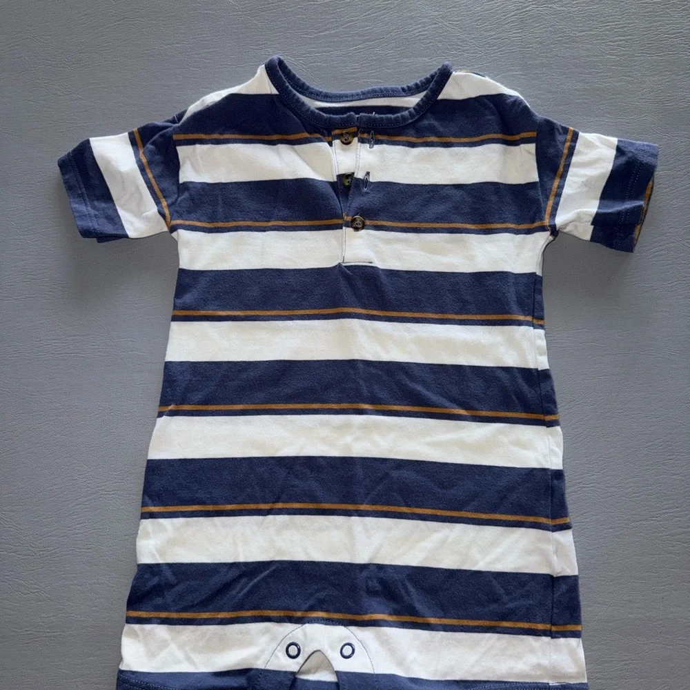 Carter's Blue and White Striped Romper with‎ Orange Accent